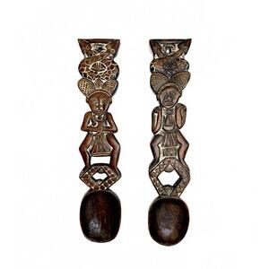 Vintage Tribal African Wooden Ceremonial Spoons Hand-Carved with Symbolic Motifs